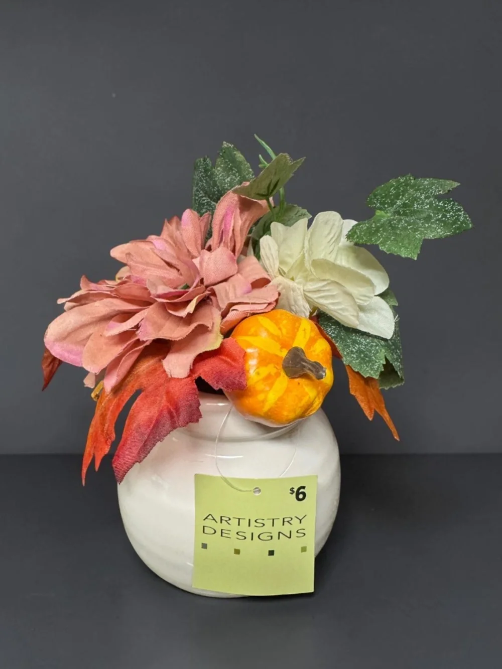 NWT Set of 2 Fall Floral Arrangements Pumpkin Ceramic Vases